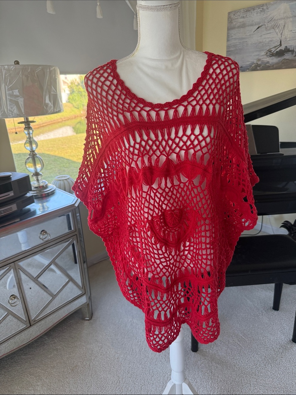 Focus Lifestyle Red open weave crochet summer bathing suit coverup poncho womens